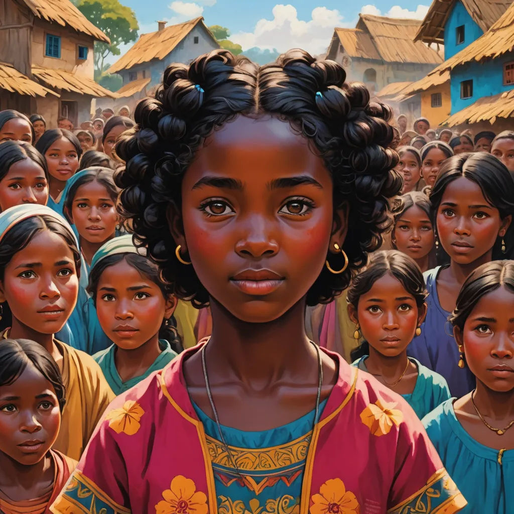 a painting of a young girl surrounded by other children in a village with thatched roofs and straw huts, magical realism, a detailed painting, Ella Guru, official art