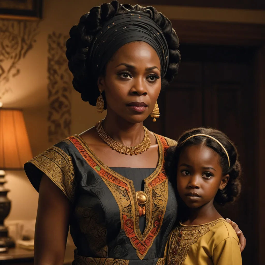 a woman and a child standing in a room together, one of them is wearing a head wrap and the other is wearing a dress, afrofuturism, a poster, Chinwe Chukwuogo-Roy, promotional image