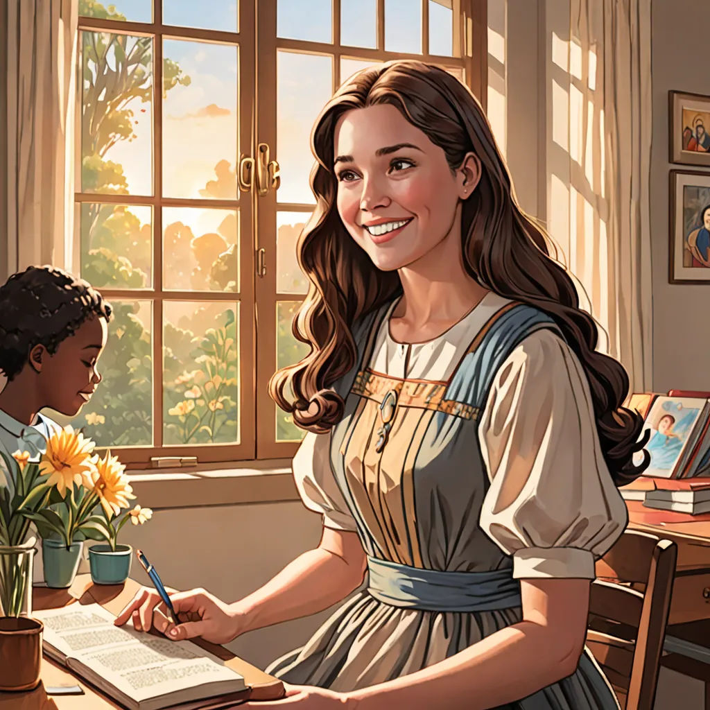 a woman sitting at a table with a child in front of her and a book open to a story, american scene painting, a storybook illustration, Dorothy Coke, high detail illustration