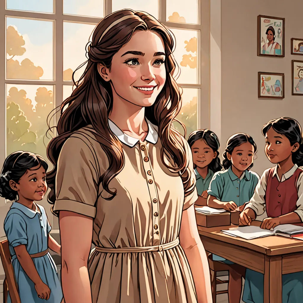 a girl standing in front of a group of children in a classroom with a teacher in the background and a window, paris school, a storybook illustration, Constance Gordon-Cumming, comic cover art