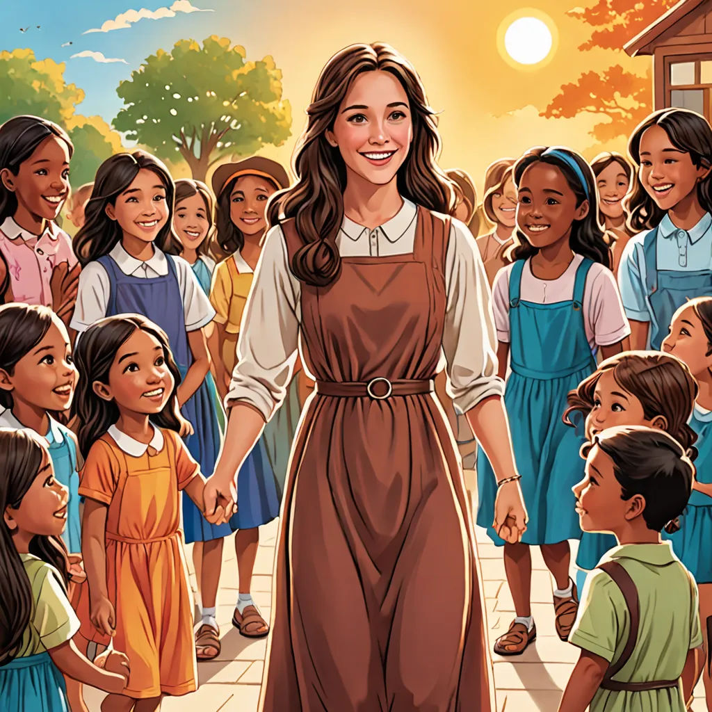 a woman in a brown dress standing in front of a group of children in a park with a building, american scene painting, a storybook illustration, Araceli Gilbert, comic cover art
