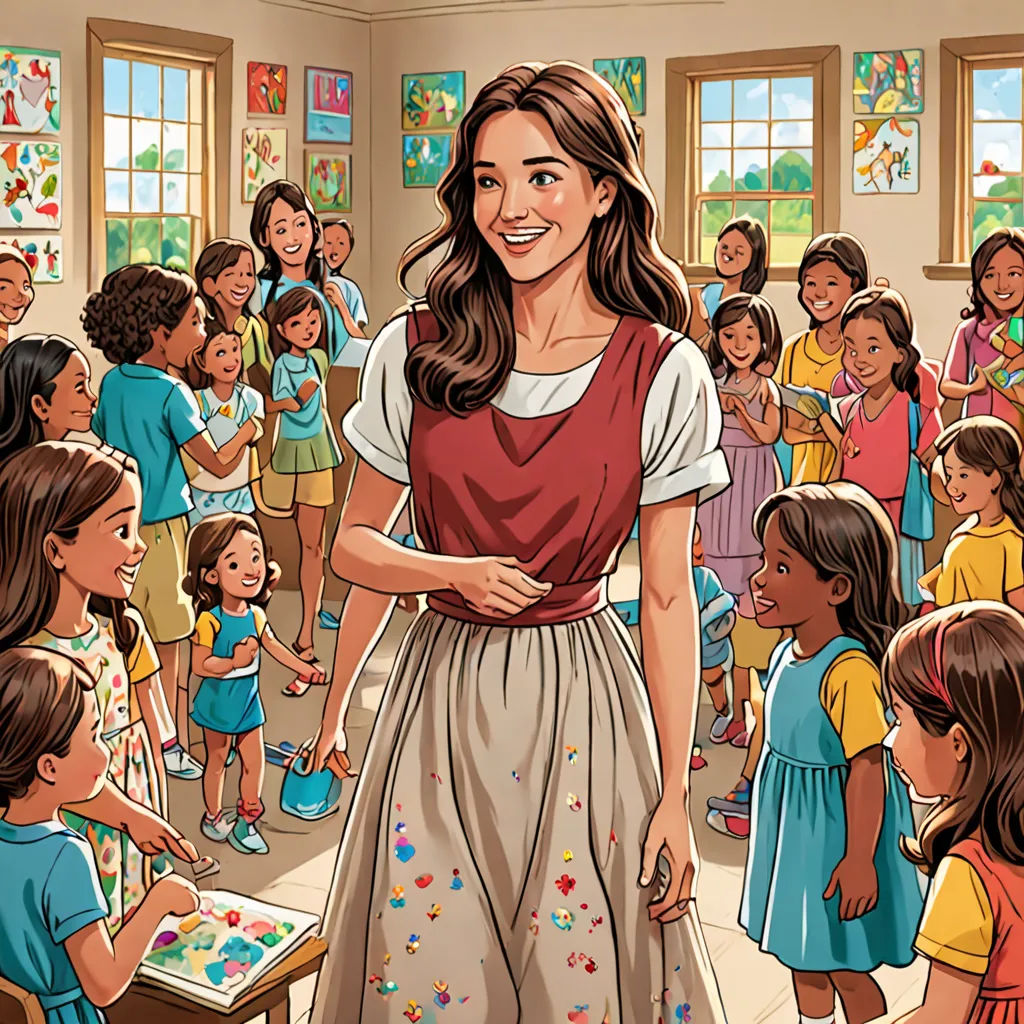 a woman in a school with a group of children around her and a cake on the table in front of her, american scene painting, a storybook illustration, artist, detailed painting