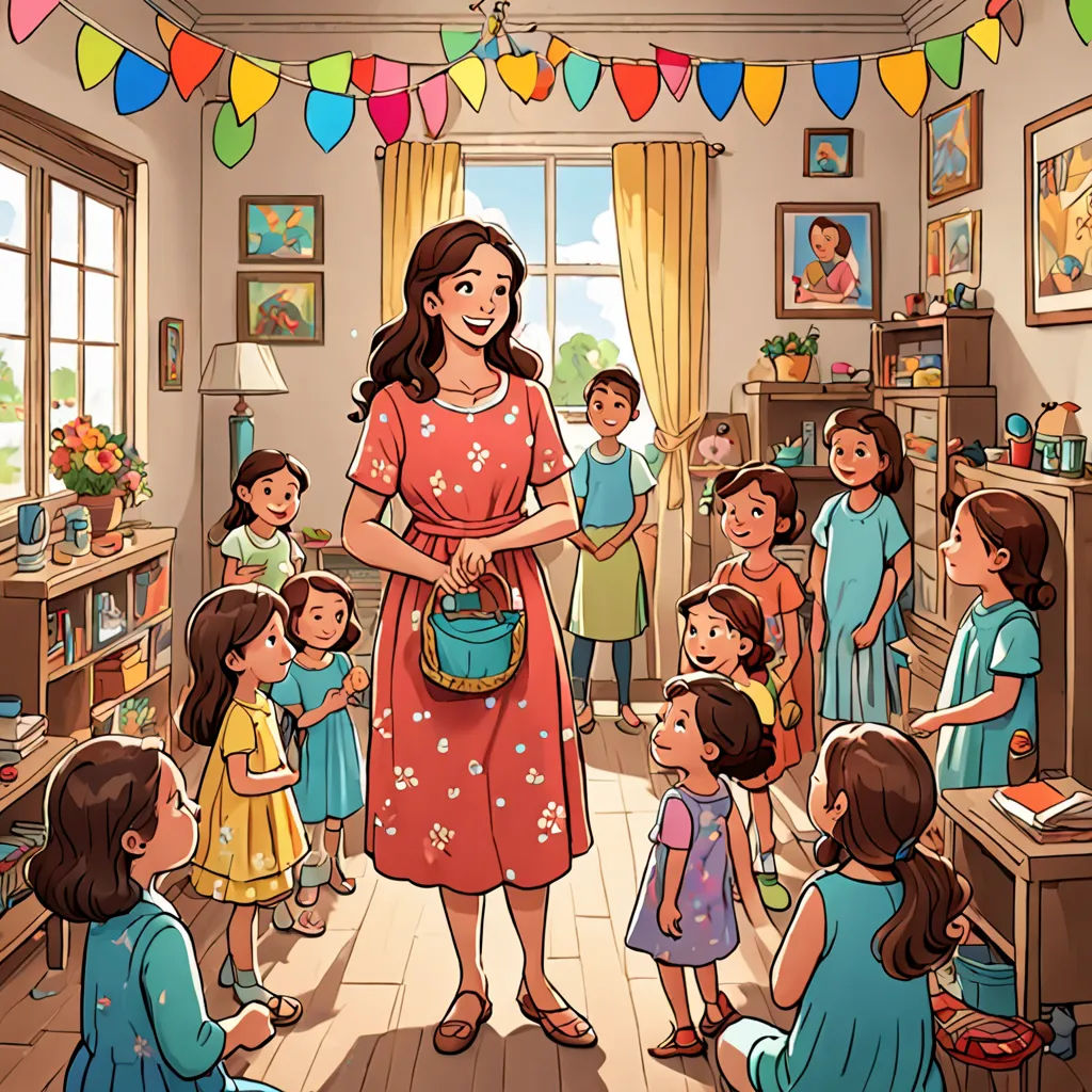 a woman in a red dress is standing in a room with children and a potted plant in her hand, serial art, a storybook illustration, Ella Guru, official art
