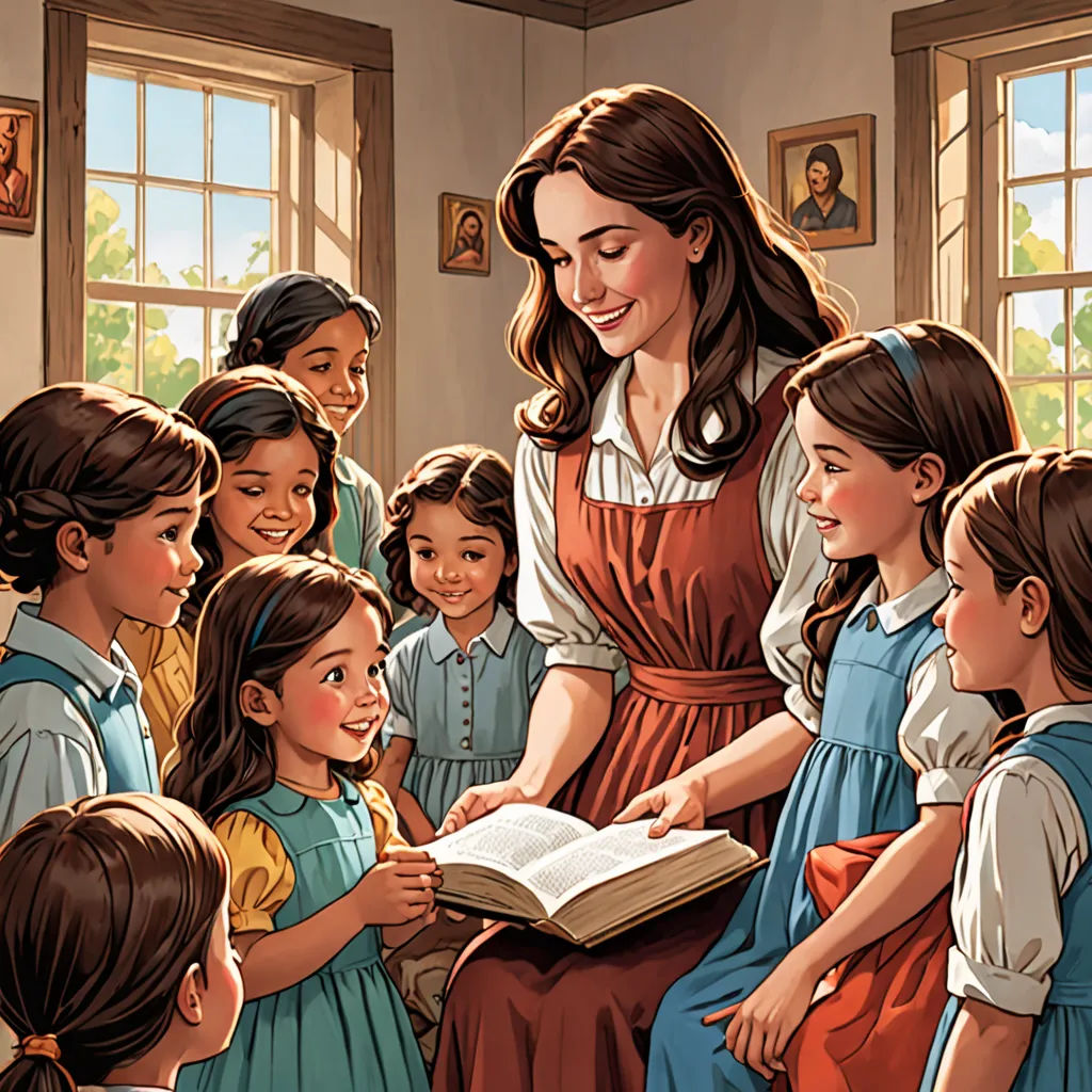 a woman reading a book to children in a room with windows and pictures on the walls and a window, american scene painting, a storybook illustration, Anne Said, storybook illustration