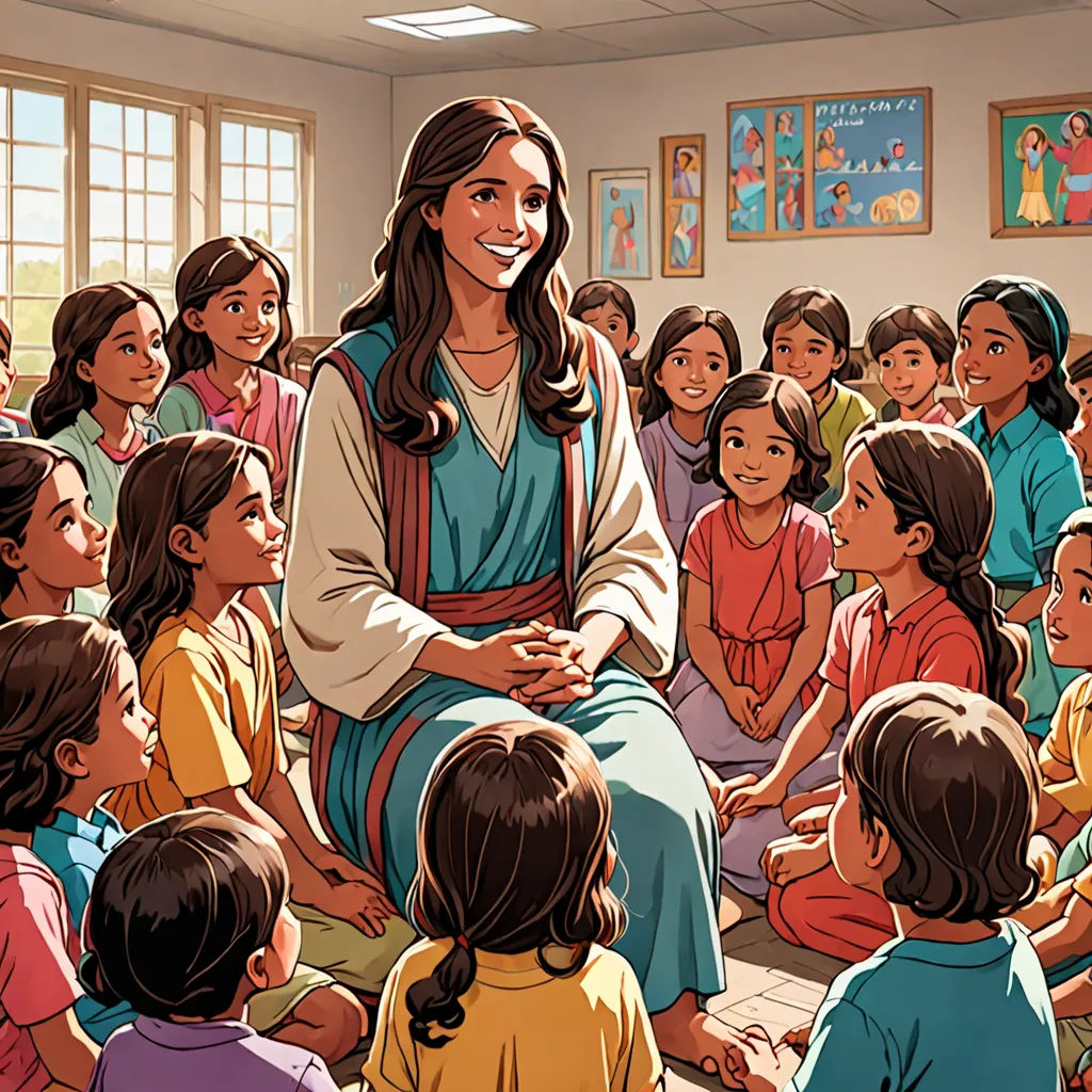 a woman sitting in front of a group of children in a classroom with a teacher smiling at her and a smiling child standing in front of her, vancouver school, a storybook illustration, Ella Guru, storybook illustration