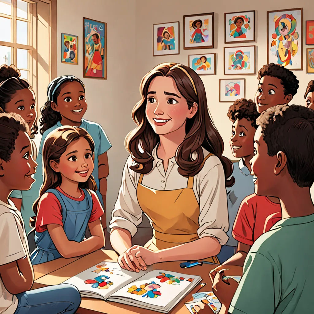 a woman sitting at a table with children in a classroom in front of her and a book in front of her, american scene painting, a storybook illustration, artist, official art