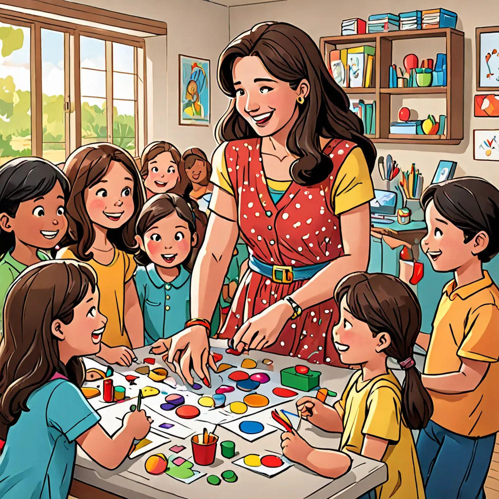 a woman is playing with children in a room with windows and a table with a painting on it and a group of children around her, naive art, a storybook illustration, Art & Language, storybook illustration