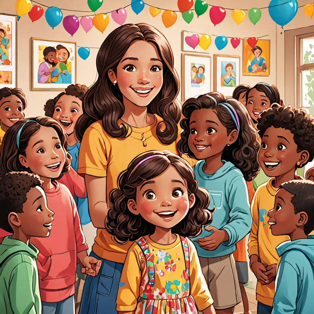 a woman standing in front of a group of children in a classroom with balloons and balloons on the wall, american scene painting, a storybook illustration, Ella Guru, comic cover art