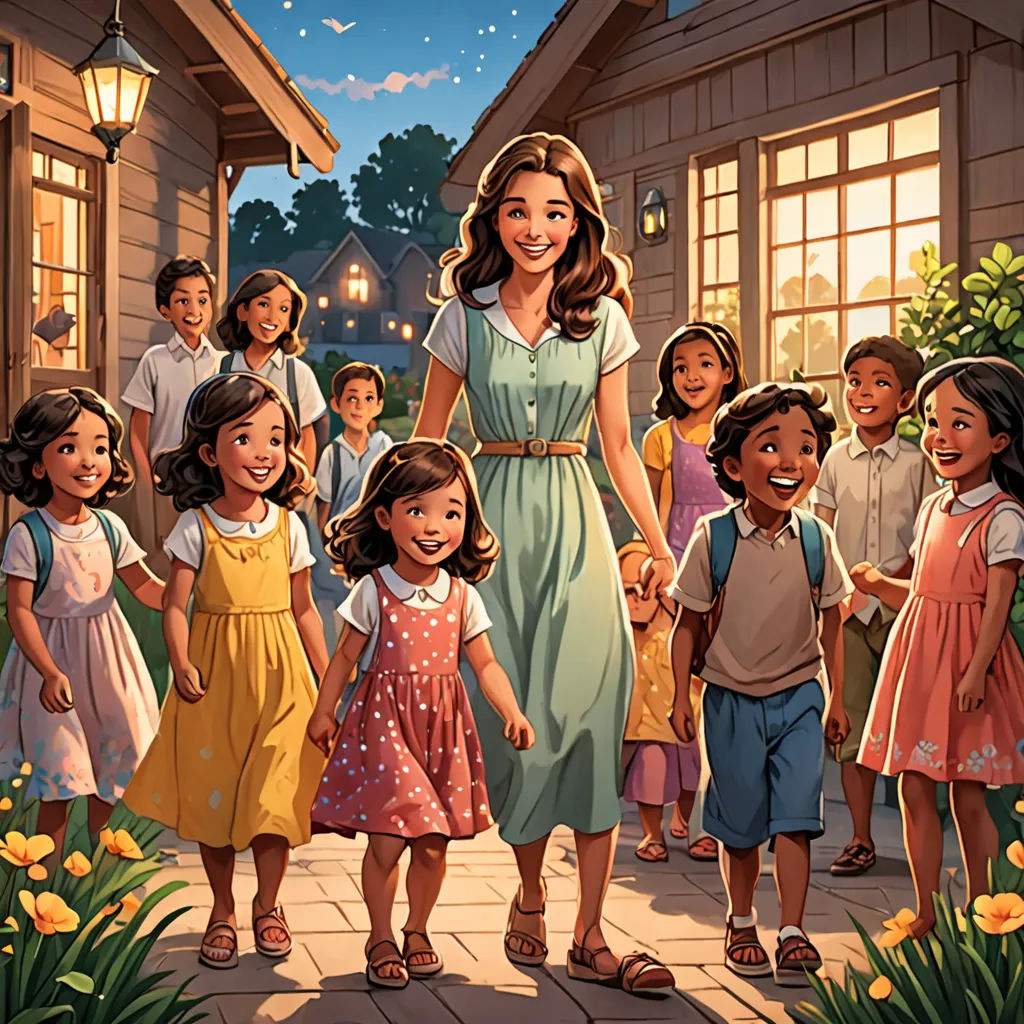 a painting of a woman walking with children in front of a house at night with a full moon in the sky, american scene painting, a storybook illustration, Ella Guru, comic cover art