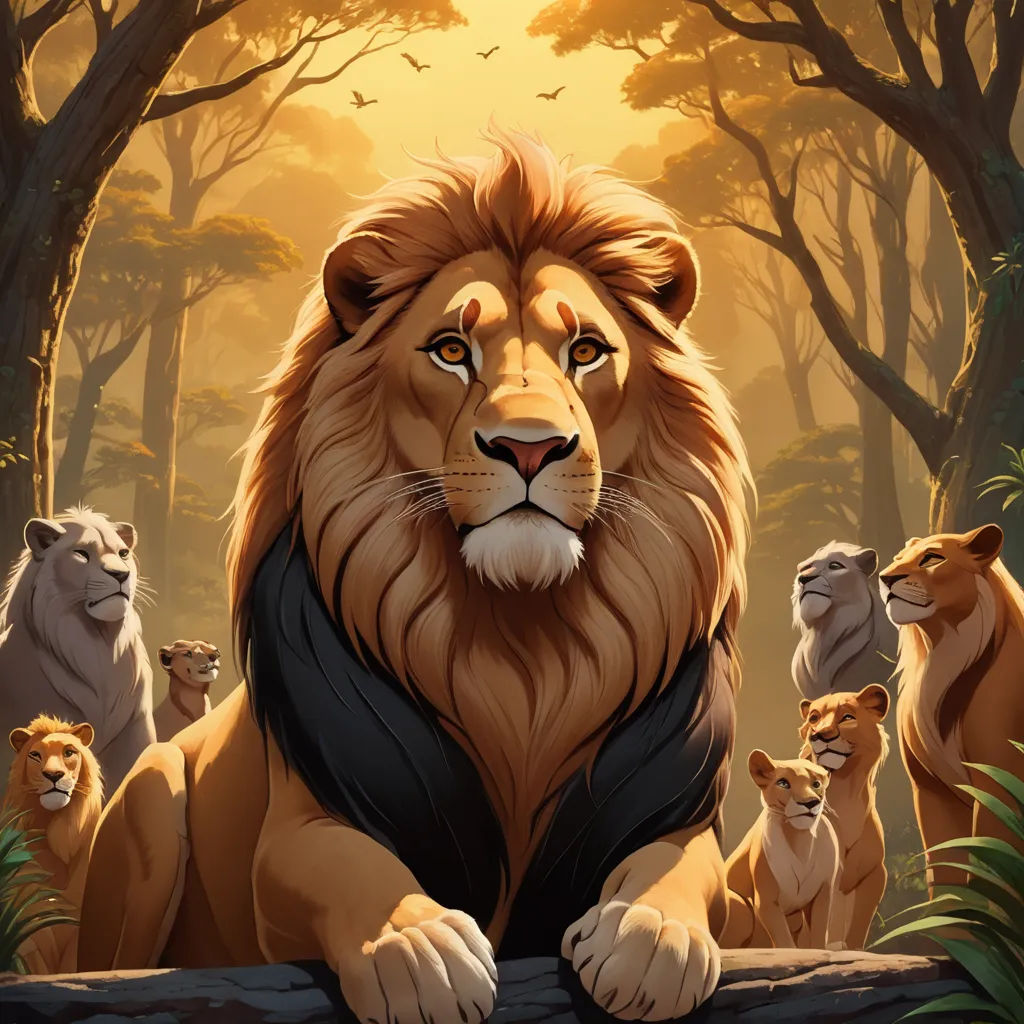 a lion with a group of lions in the background of a forest with trees and birds in the foreground, furry art, an album cover, Chris LaBrooy, official art