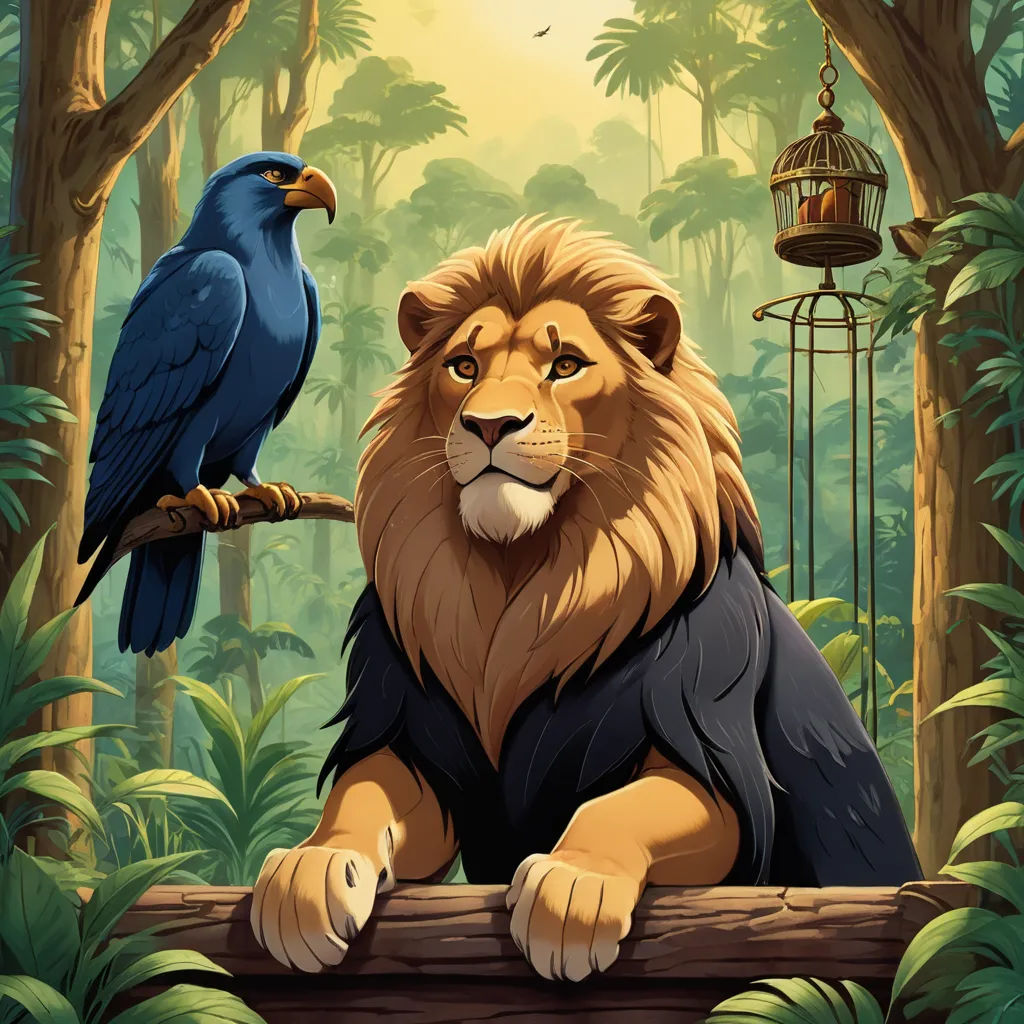a lion and a bird are sitting on a log in the jungle with a birdcage in the background, fantasy art, a storybook illustration, Chris LaBrooy, official art