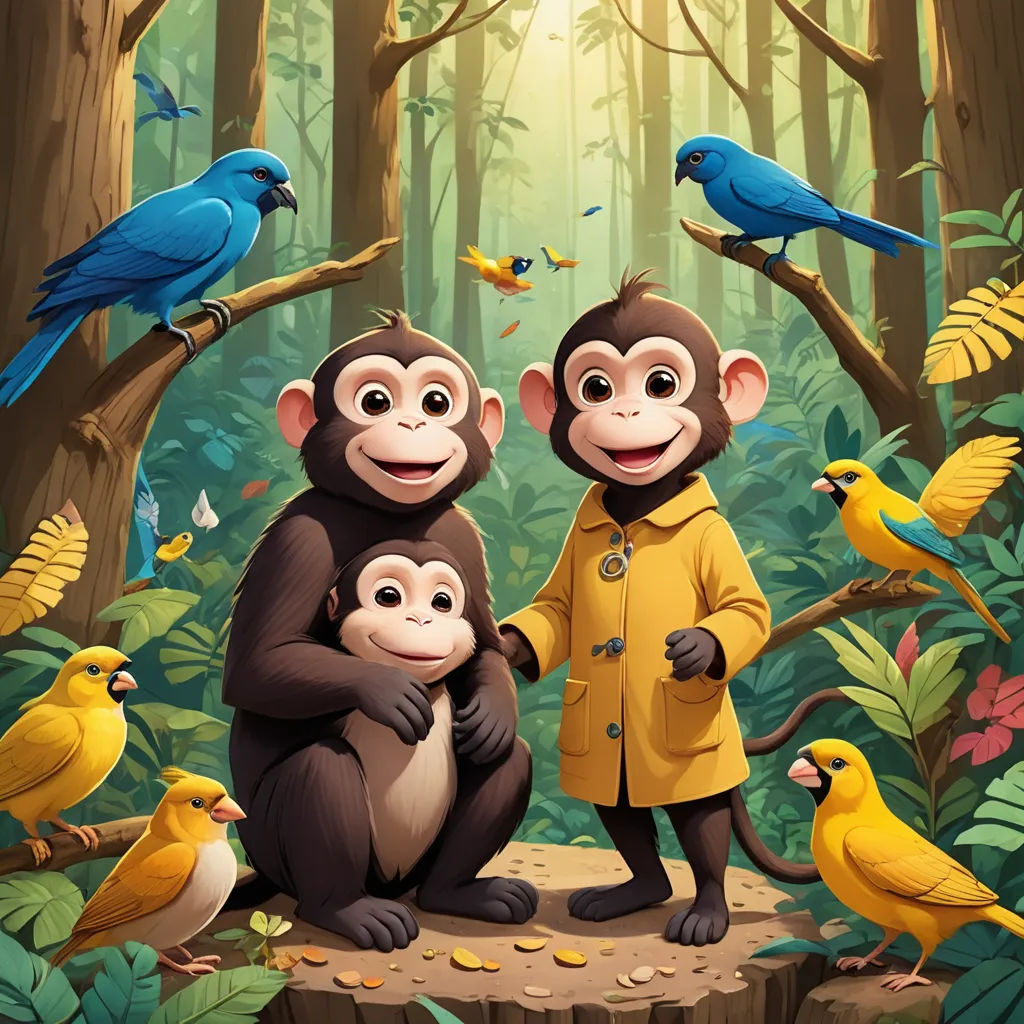a couple of monkeys standing next to each other in a forest with birds and birds around them on a tree stump, serial art, a storybook illustration, Chris LaBrooy, promotional image