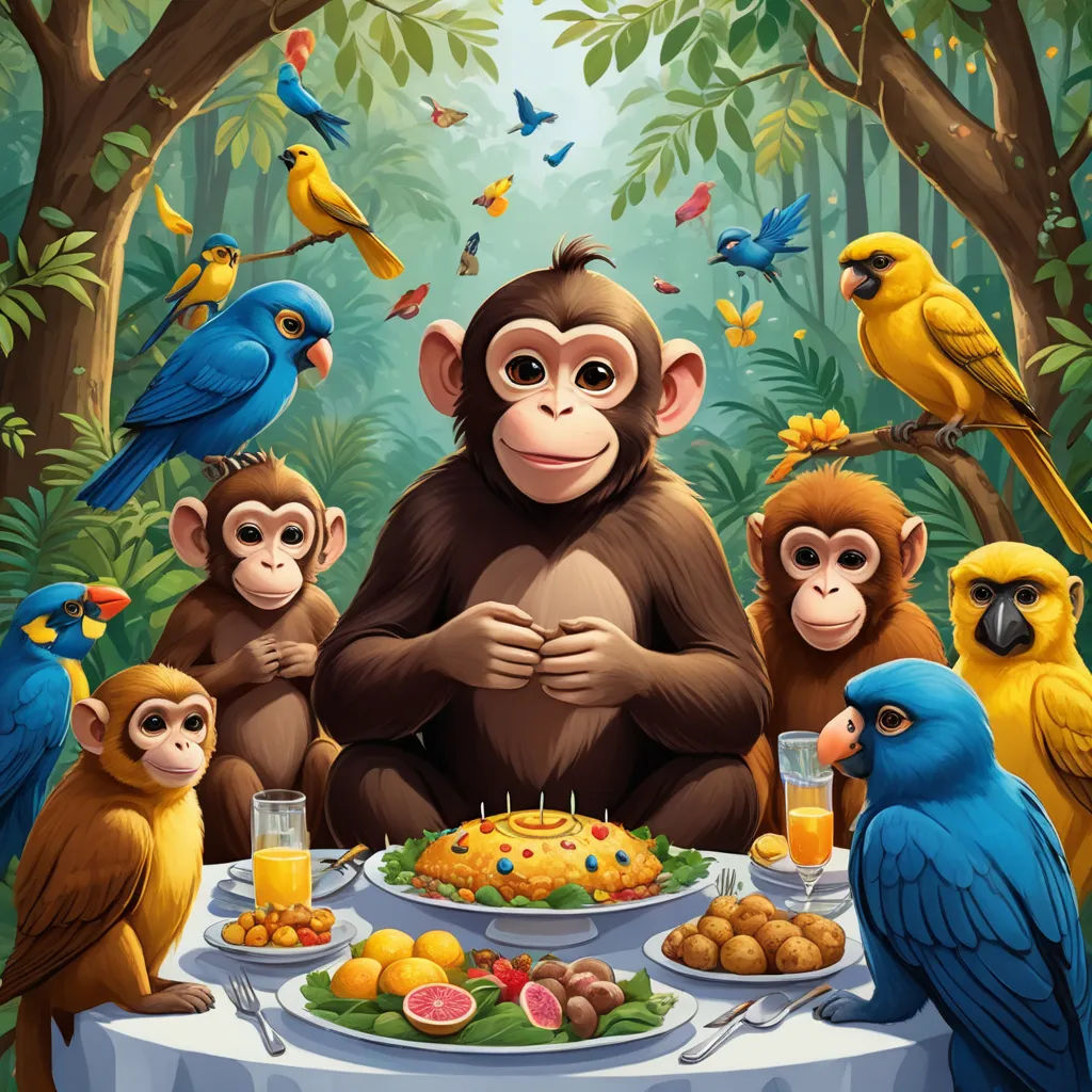 a group of monkeys sitting around a table with a cake and drinks on it, surrounded by birds and other birds, naive art, a storybook illustration, Chris LaBrooy, highly detailed digital painting