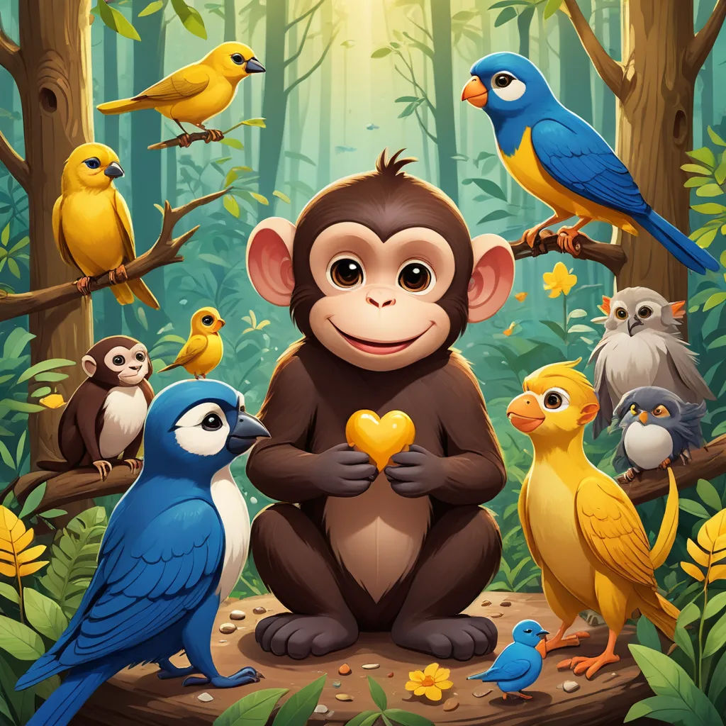 a monkey surrounded by birds and birds in the forest with a heart shaped box in his hands, surrounded by other birds, fantasy art, a storybook illustration, Chris LaBrooy, behance hd