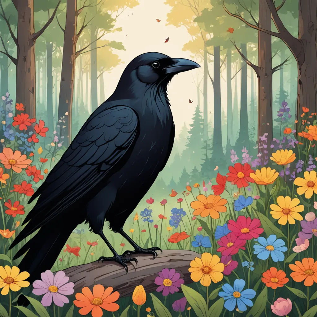 a black bird sitting on a log in a forest filled with flowers and trees with a sun shining through the trees, fantasy art, a storybook illustration, Dan Mumford, game art