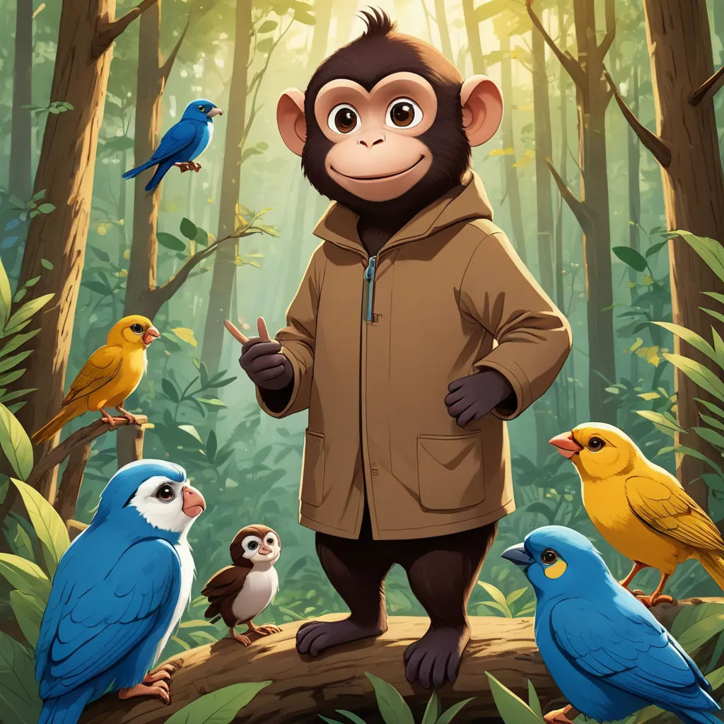 a monkey standing on a log surrounded by birds and birds in the forest with a person in the background, private press, a character portrait, Chris LaBrooy, official art