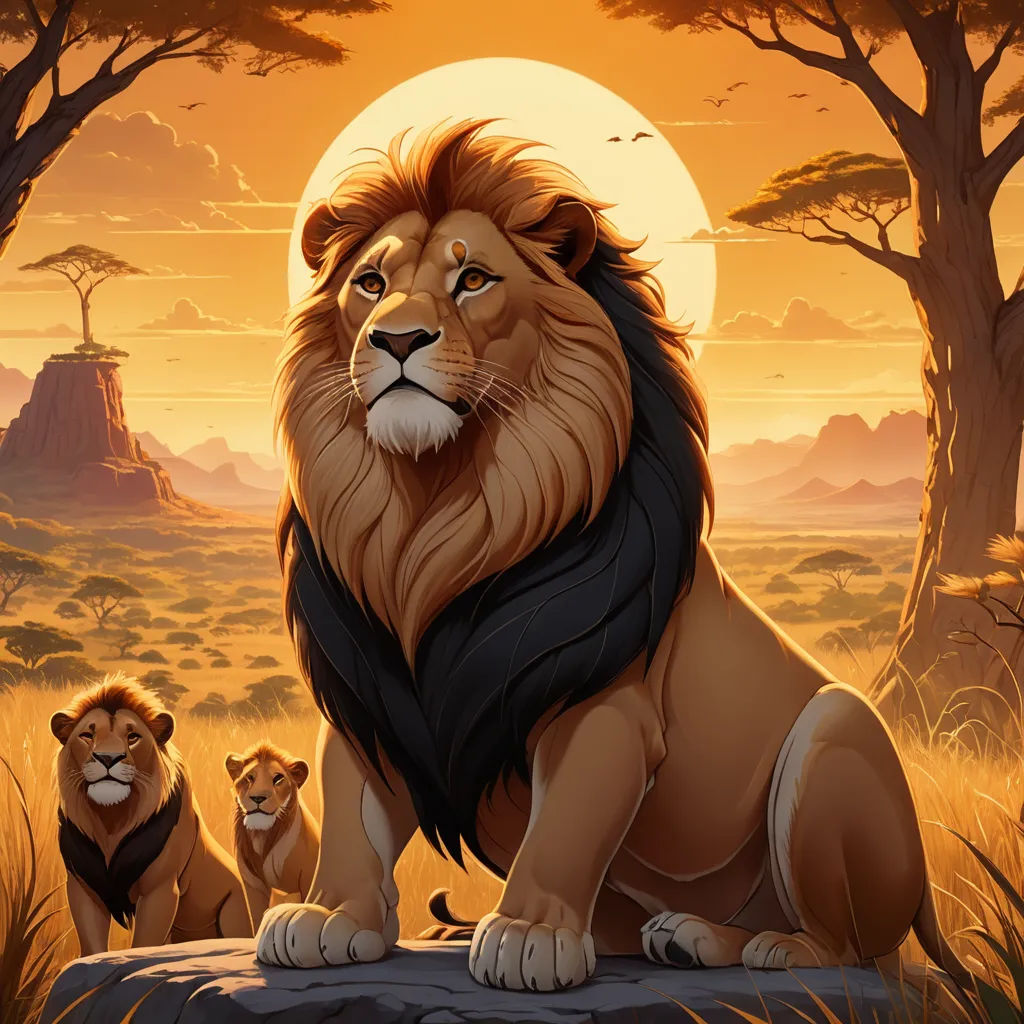 a lion family sitting on a rock in the middle of a field with a sunset in the background and trees, furry art, a digital painting, Chris LaBrooy, official art