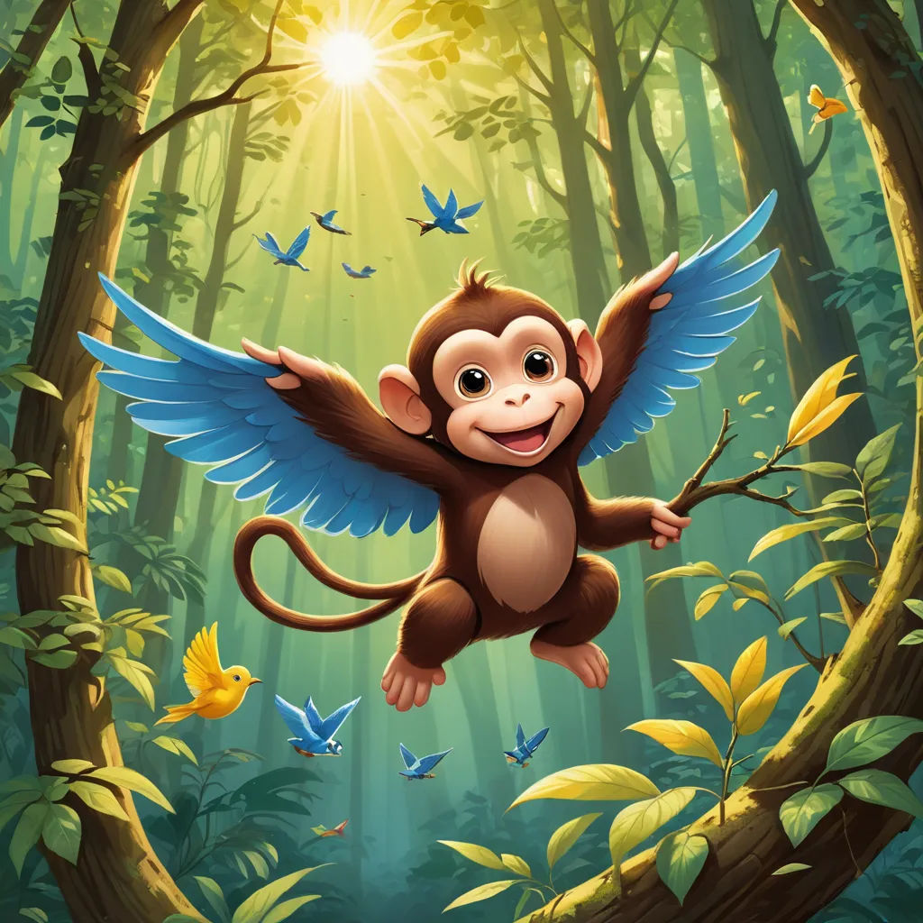 a monkey flying through the air with wings in the forest with blue birds around it and a sun shining through the trees, fantasy art, a storybook illustration, Cliff Childs, highly detailed digital painting