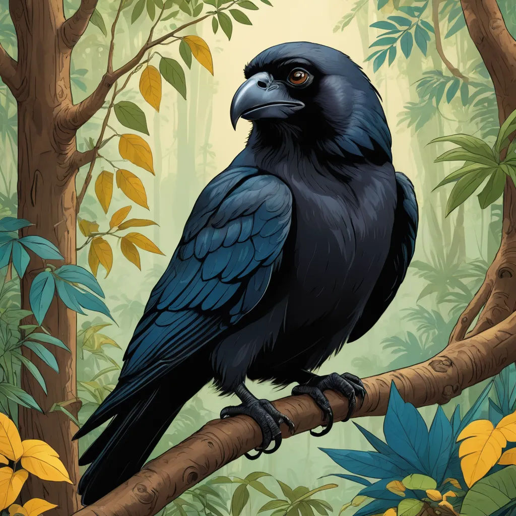 a black bird sitting on a branch in a forest with yellow flowers and green leaves on the background of a yellow sky, fantasy art, a digital painting, Dan Mumford, highly detailed digital painting