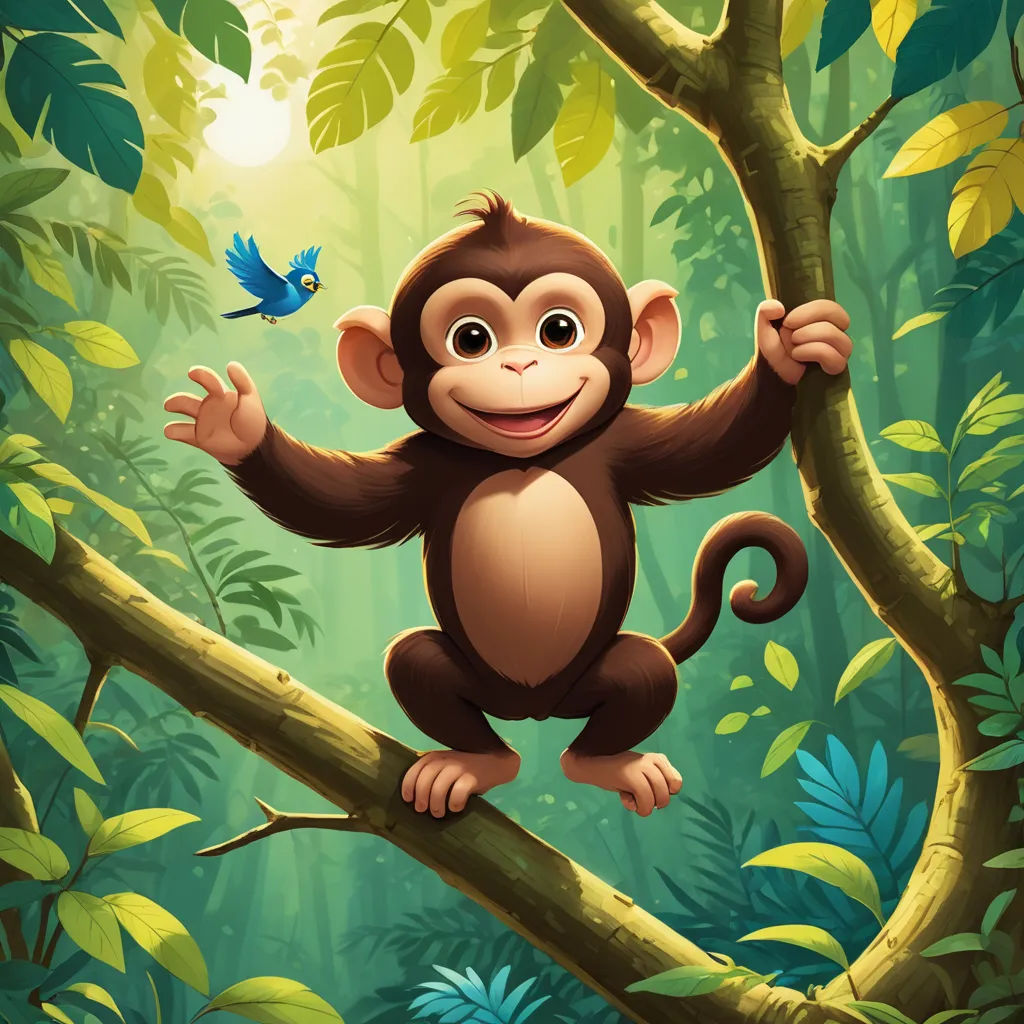 a monkey hanging on a tree branch in a jungle with a bird flying by it's side and a bird flying by its side, primitivism, a storybook illustration, Alex Petruk APe, jungle