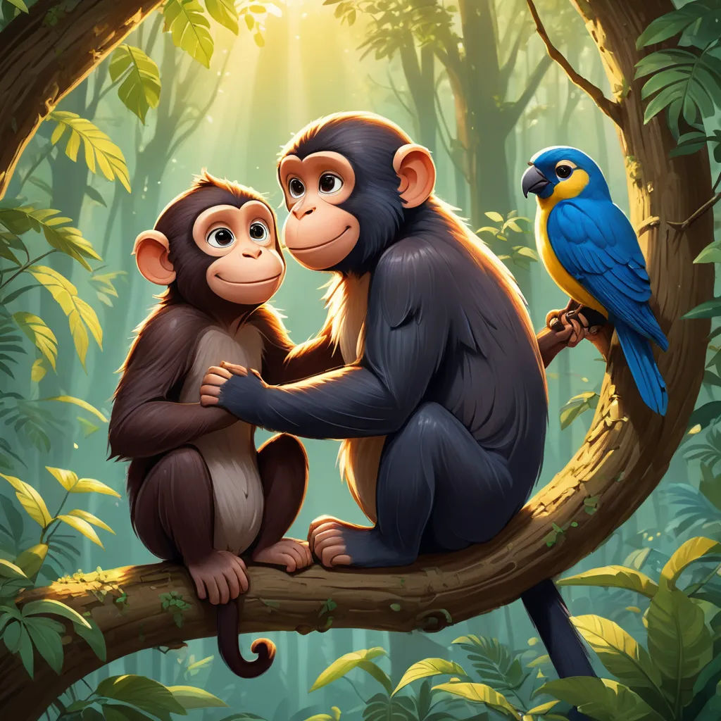 a monkey and a monkey sitting on a branch in the jungle with a bird on its back and a parrot on its shoulder, primitivism, a storybook illustration, Chris LaBrooy, official art