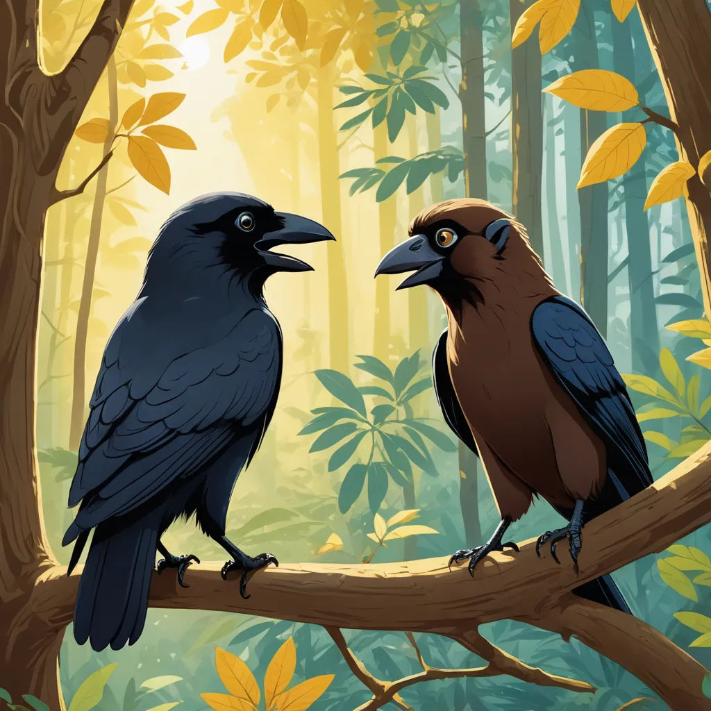 two birds sitting on a branch in a forest with yellow leaves and trees in the background, one of which is facing the other, serial art, a storybook illustration, Chris LaBrooy, birds