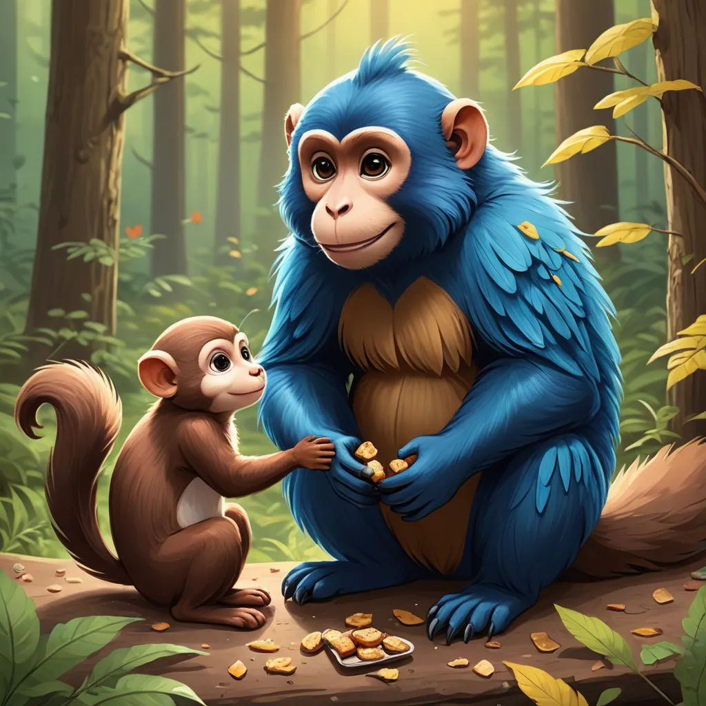 a monkey and a monkey sitting on a log in the woods eating peanuts from a tree trunk with leaves, sots art, a storybook illustration, Chris LaBrooy, trending on art station