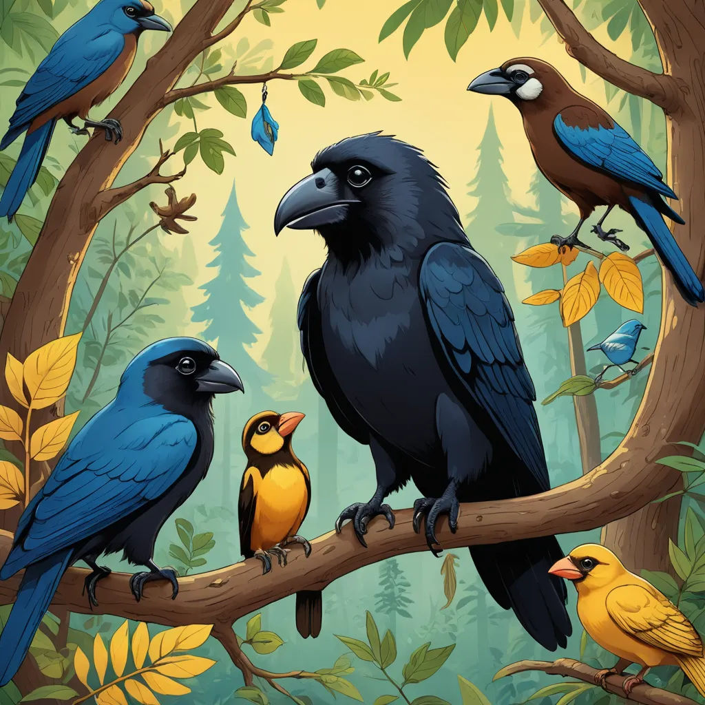 a group of birds sitting on a tree branch in a forest with leaves and trees in the background,, generative art, a storybook illustration, Chris LaBrooy, birds