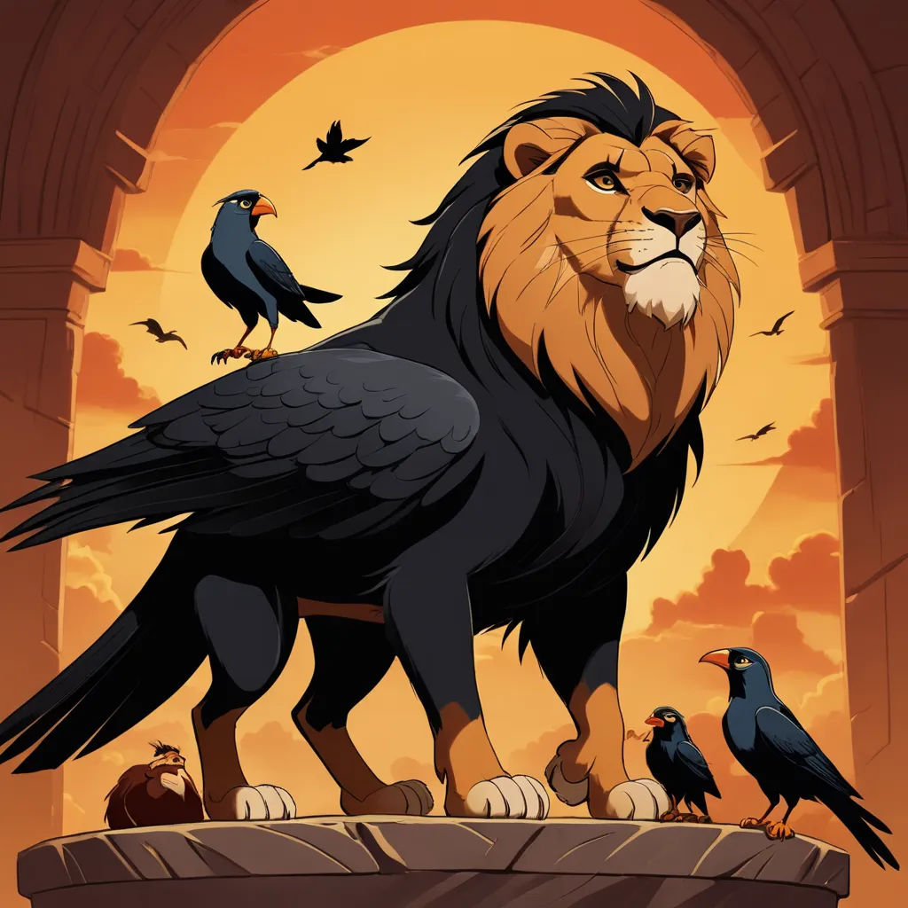 a lion and two birds on a ledge with a sunset in the background and a bird on the top of the lion, fantasy art, a storybook illustration, Chris LaBrooy, official art