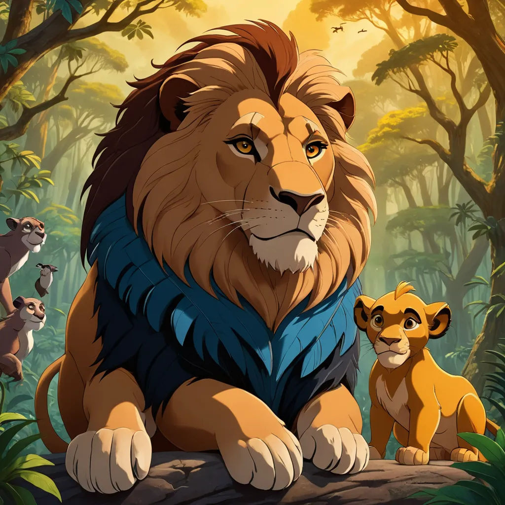 a lion and a baby lion sitting in the jungle together, with the sun shining through the trees behind them, sots art, a poster, Chris LaBrooy, official art