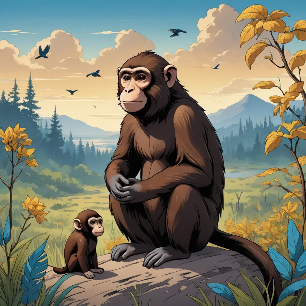 a monkey and a baby sitting on a rock in a forest with birds flying overhead and a mountain in the background, naturalism, a storybook illustration, Chris LaBrooy, behance hd