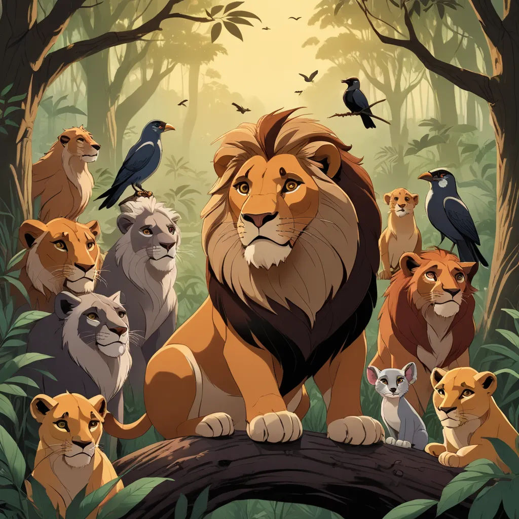 a lion surrounded by many different types of animals in a jungle setting with a bird on top of a tree, sots art, a poster, Chris LaBrooy, official art