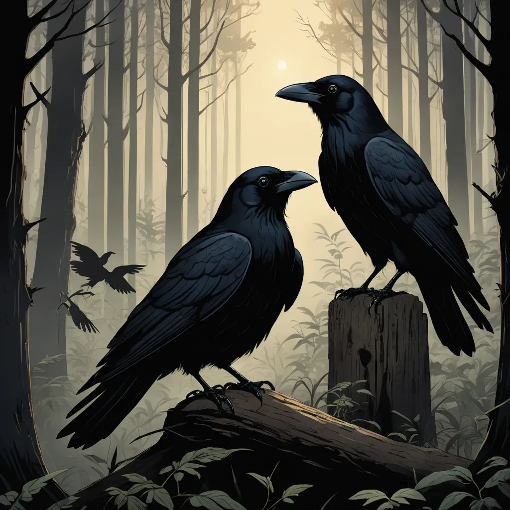 two black crows sitting on a log in a forest at night with the sun shining through the trees and the ground, gothic art, poster art, Dan Mumford, birds