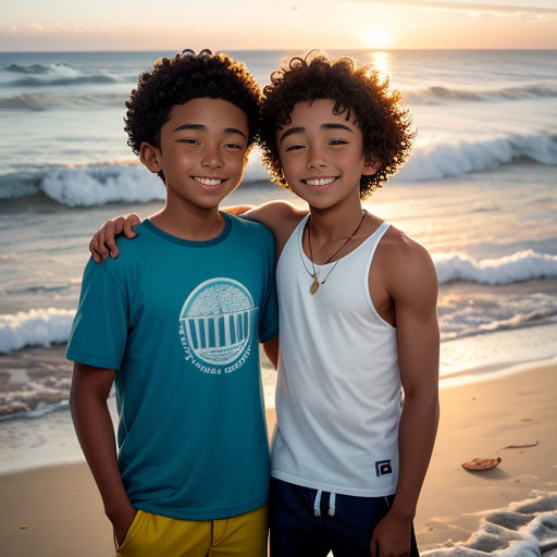 two young boys standing on a beach next to the ocean at sunset with the sun shining on the water