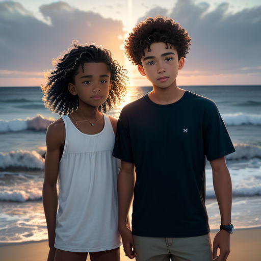two young boys standing on a beach at sunset with the sun behind them and the ocean in the background