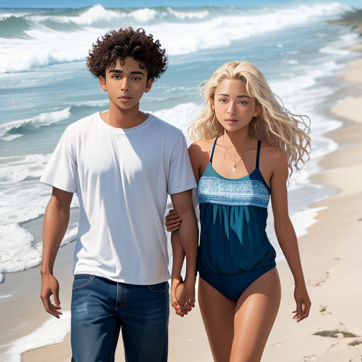 a man and a woman walking on the beach holding hands and looking at the camera with a smile on their face