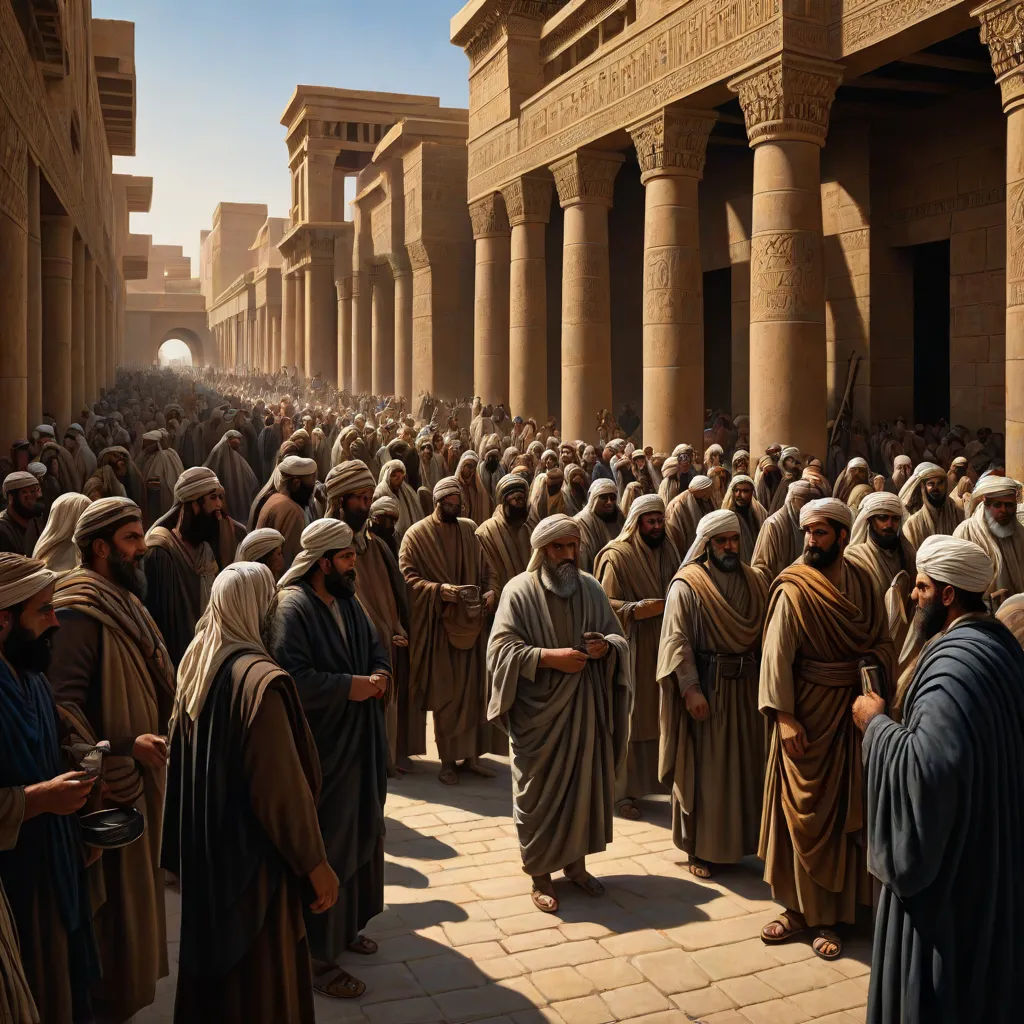a painting of a crowd of people in a courtyard with columns and pillars, all dressed in brown and tan, cinematic matte painting, unilalianism, a detailed matte painting, Christophe Vacher