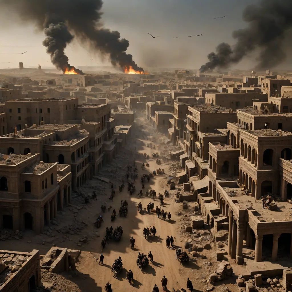 a city with a lot of smoke and smoke billowing out of it's buildings and people walking around, matte painting concept art, serial art, a detailed matte painting, Andreas Gursky