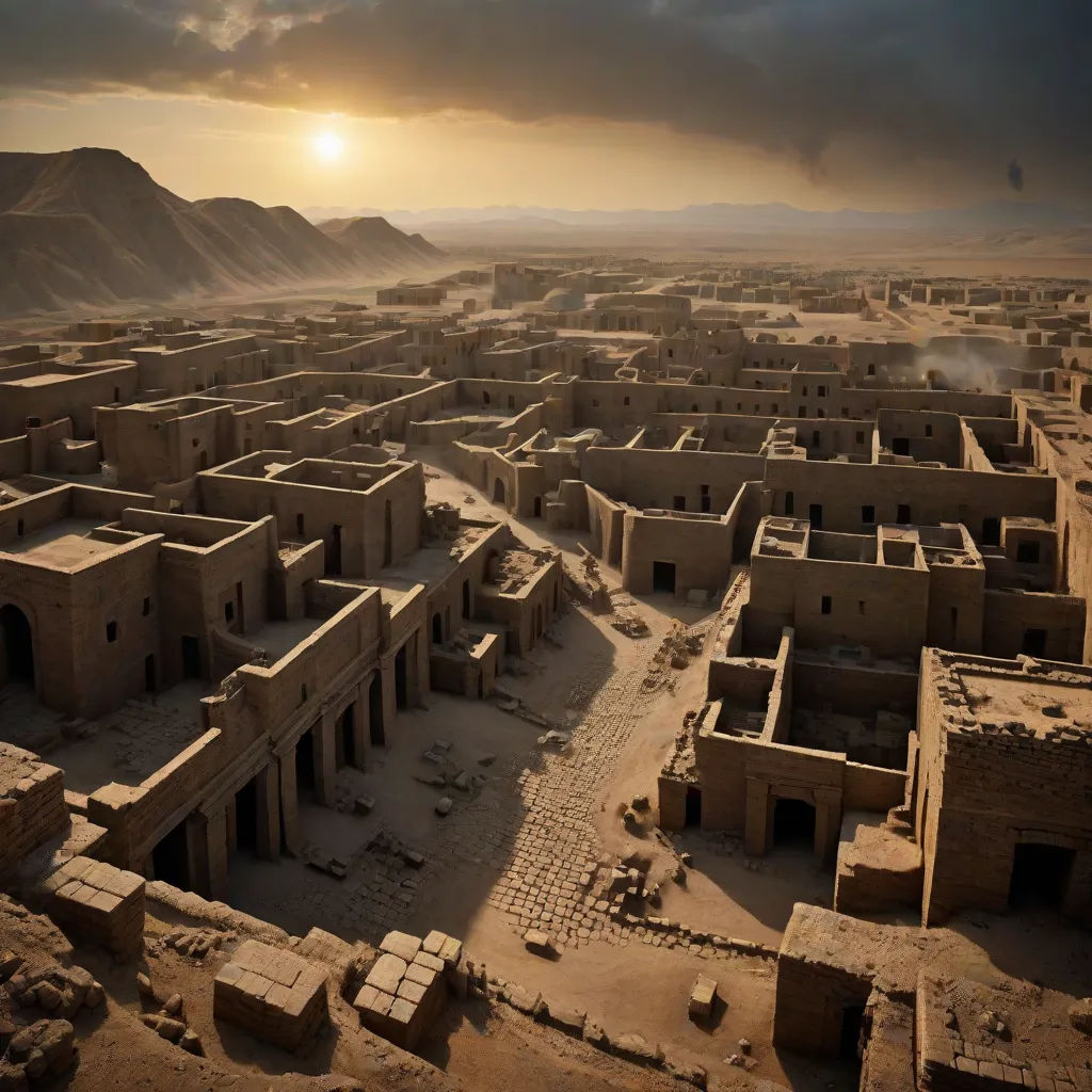 a large group of buildings in a desert area with a sun setting in the background and a dark cloud in the sky, matte painting, dau-al-set, a detailed matte painting, Amir Zand