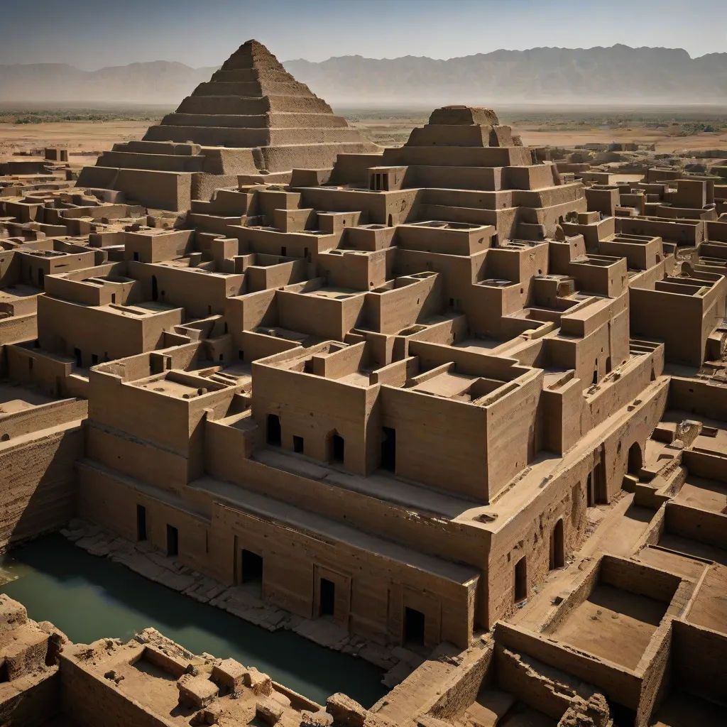 a large pyramid shaped building in the desert with a pool in front of it and mountains in the background, tone mapping, neo-primitivism, egyptian art, Altichiero