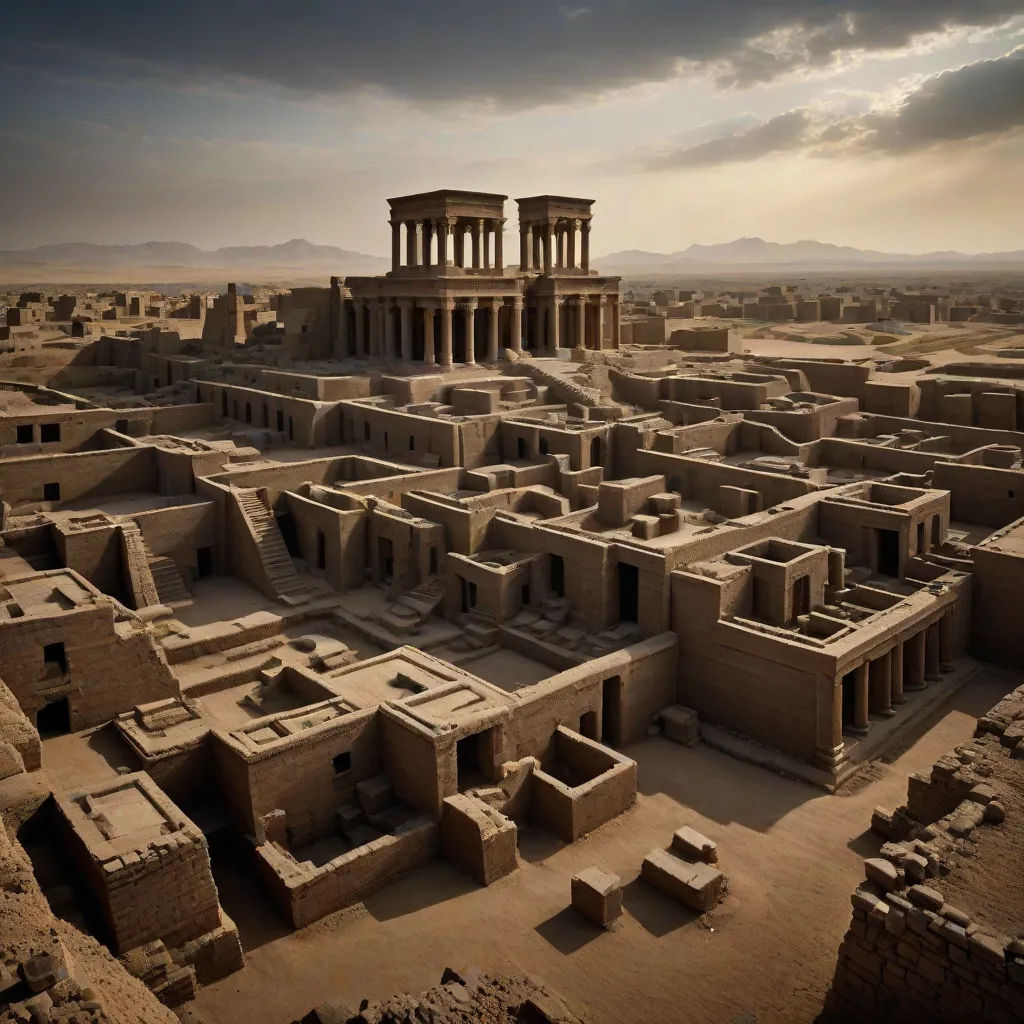 a large building surrounded by smaller buildings in the desert with a sky background and clouds in the sky above, matte painting, neoclassicism, a detailed matte painting, Altichiero
