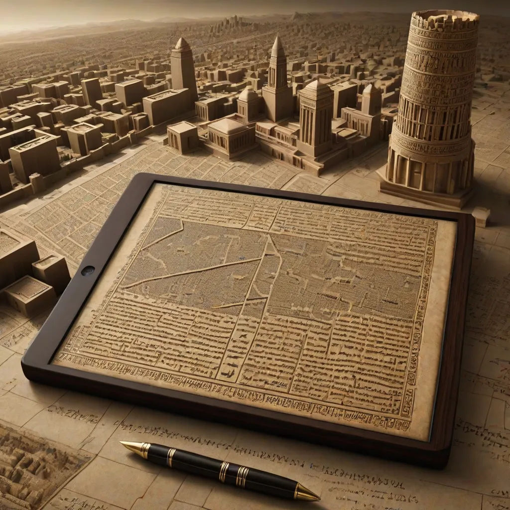 a 3d model of a city with a pen on top of it and a map of the city below, highly detailed digital art, concrete art, a digital rendering, Art & Language