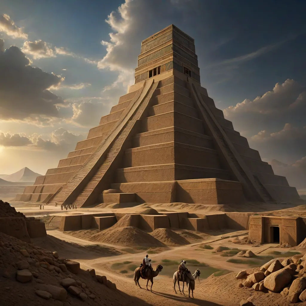 a pyramid with two people riding on horses in front of it and a sky background with clouds and sun, matte painting, fantasy art, a detailed matte painting, Beeple