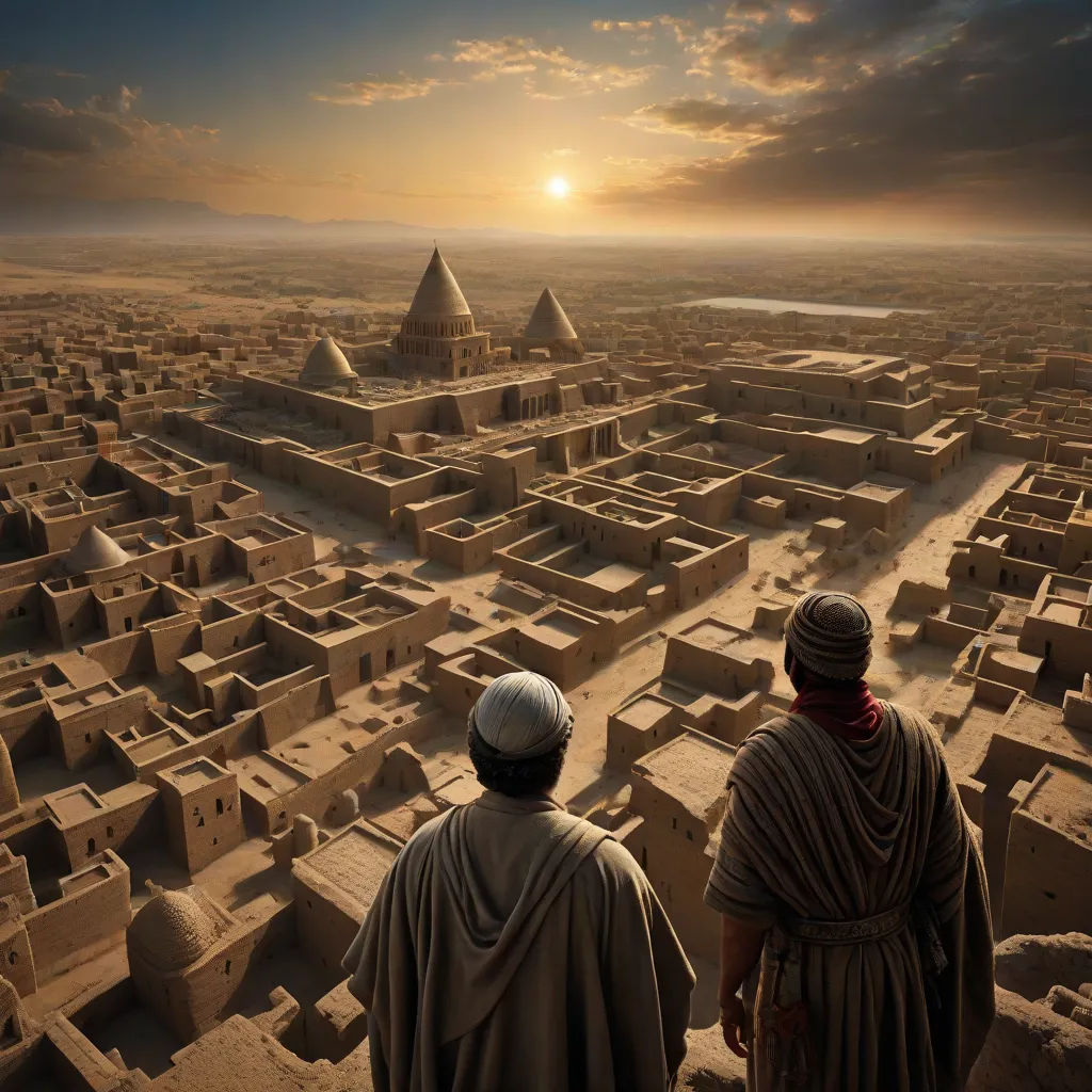 two men standing in front of a city with a sunset in the background and a sky filled with clouds, matte painting, analytical art, a detailed matte painting, Amir Zand