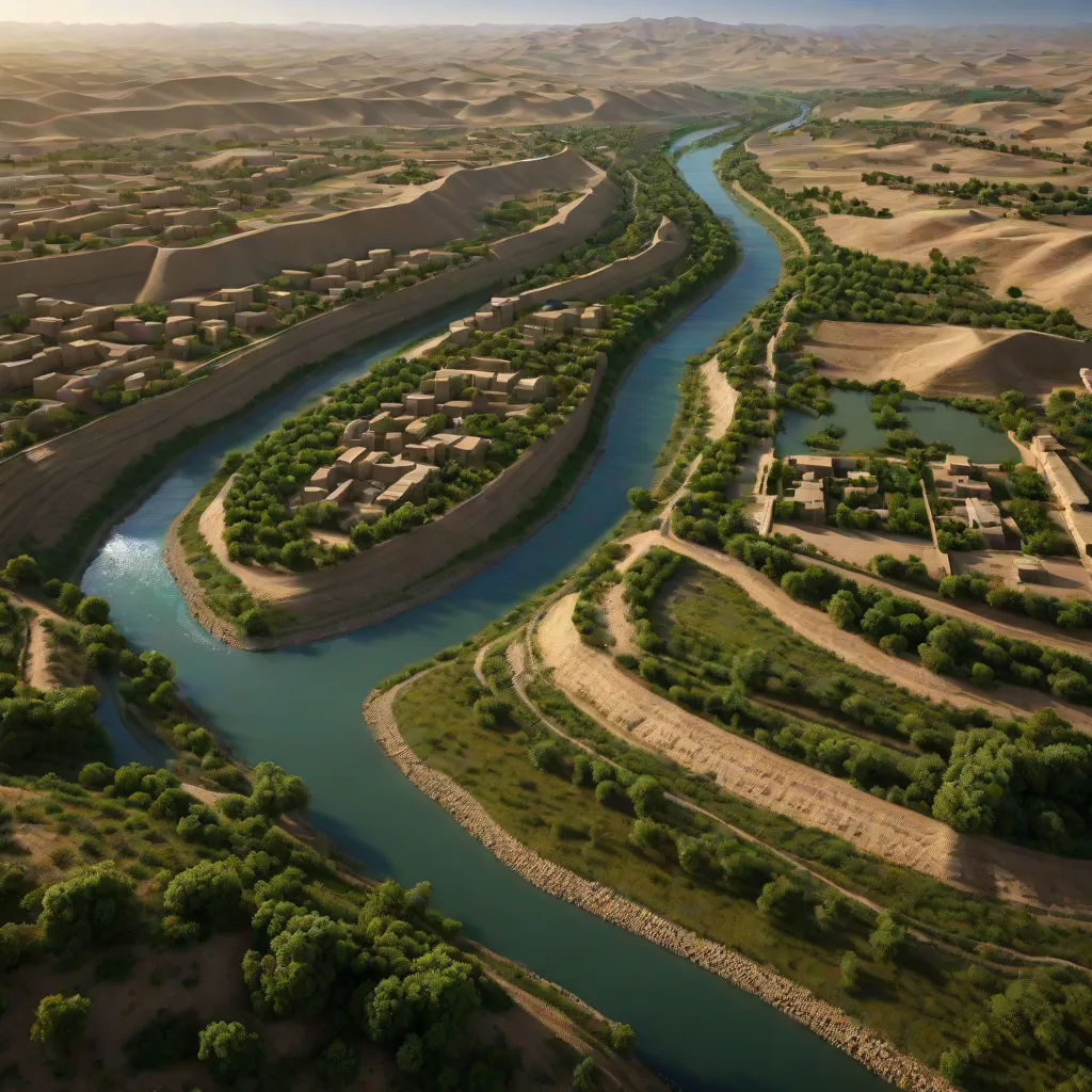 a river running through a lush green countryside next to a lush green field and a town on the other side of the river, vray, environmental art, a detailed matte painting, Amir Zand