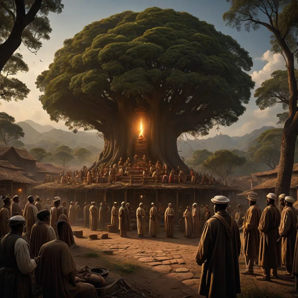 a painting of a group of people standing around a tree with a light in it's trunk and a crowd of people standing around it, cinematic concept art, fantasy art, a detailed matte painting, Christophe Vacher