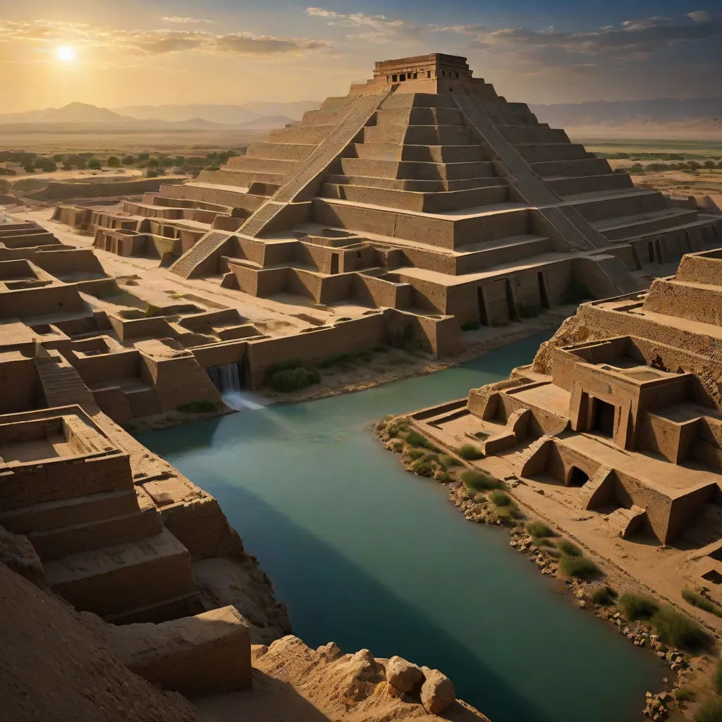 a pyramid in the desert with a river running through it and a sunset in the background with clouds in the sky, matte painting, superflat, a detailed matte painting, Altichiero