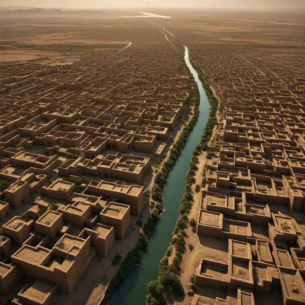 a river running through a city surrounded by desert land and buildings in the distance with a river running between them, award-winning photograph, analytical art, a tilt shift photo, David Chipperfield