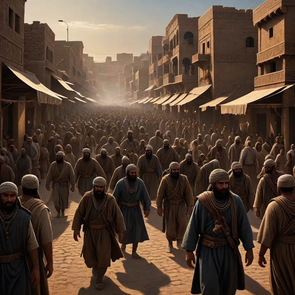 a group of men walking down a street next to tall buildings and buildings in the distance, with a sky background, cinematic matte painting, hurufiyya, a detailed matte painting, Amir Zand