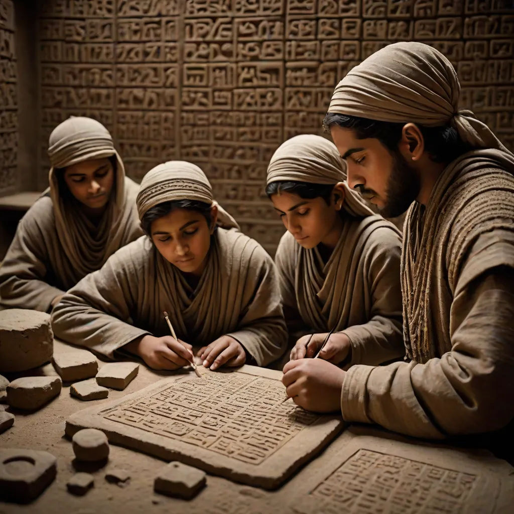 a group of people sitting around a table writing on a piece of paper with writing on it and writing on a piece of paper, vfx, bengal school of art, egyptian art, David Ligare